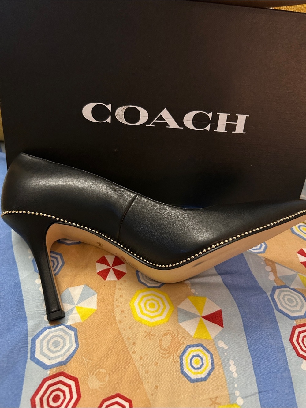 COACH Black Leather Pointed Toe Stiletto Pumps with Stud Trim - Picture 5 of 7